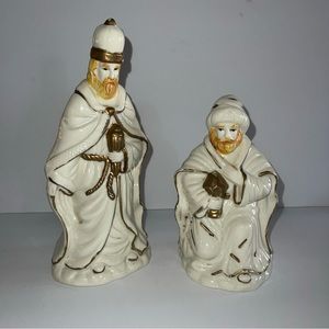 Vintage Porcelain 2 Cream And Gold  Kings Statues from Nativity Scene